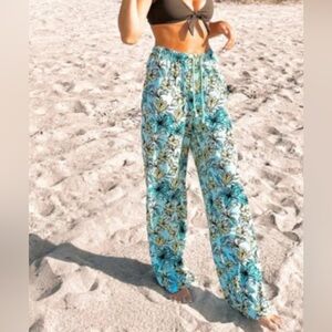 Beach Riot Womens The Blue Lagoon Drawstring Wide Leg Beach Pants XL Blue Floral